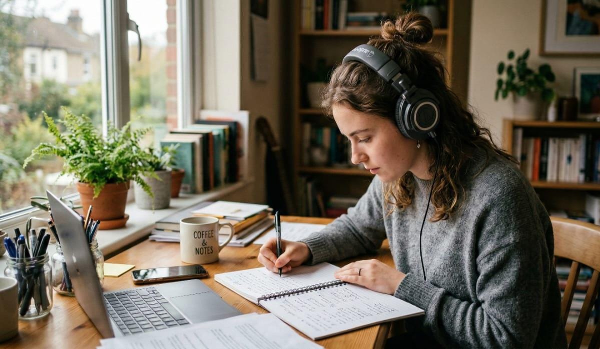 Virtual assistant wearing headset working on paperwork